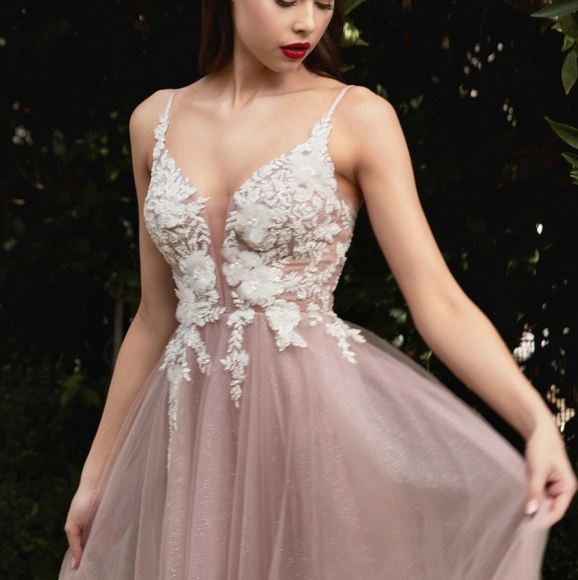 Floor length beaded floral a line tulle gown in mauve pink or blue - Picture 6 of 9